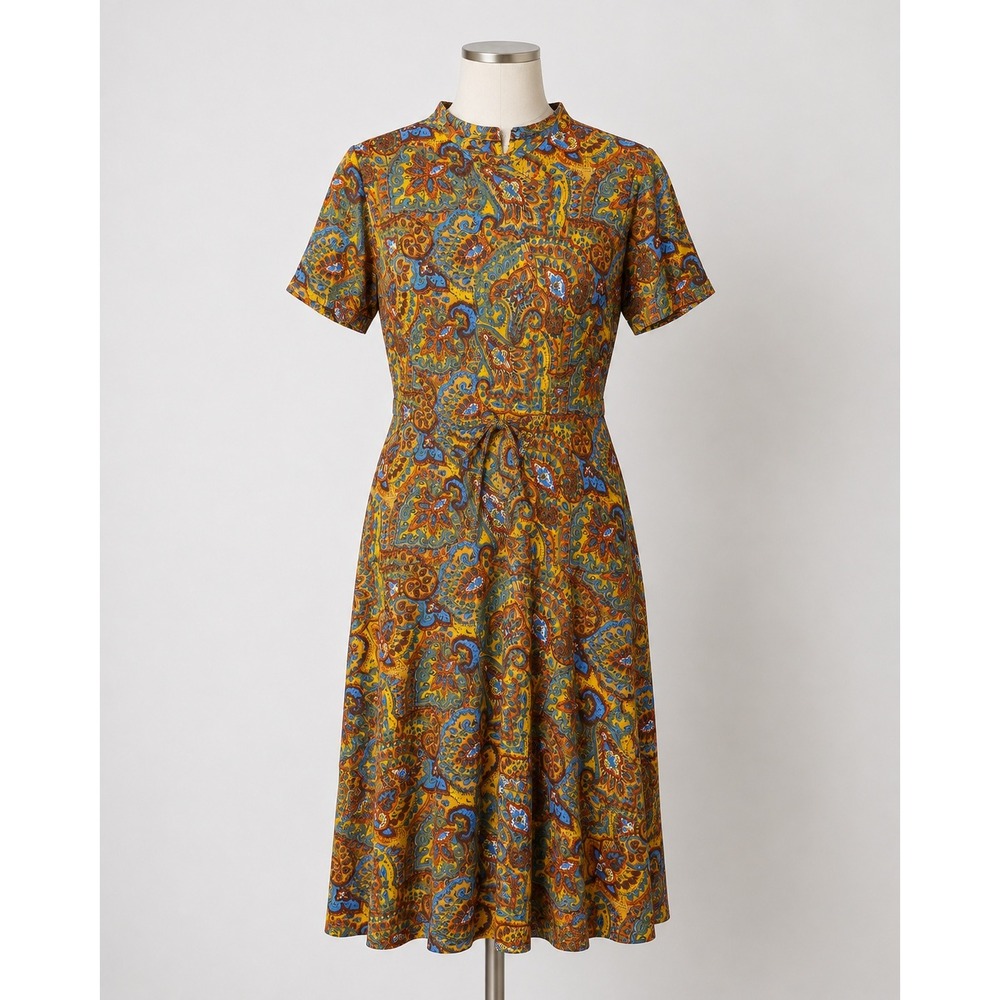 Handmade Paisley Dress Womens S M Yellow Blue 60s 70s Vintage Mod Psychedelic